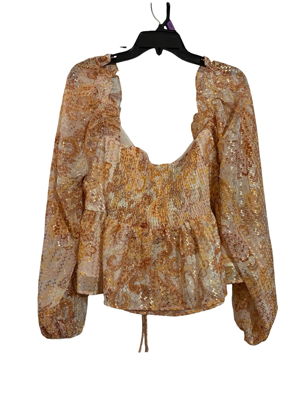 Arula Metallic Paisley Peplum Blouse XL Boho Balloon Sleeve Gold Shimmer - Picture 3 of 9